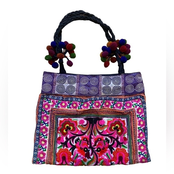 Vintage Stunning 🤩 BOHO Embroidered Braided Straps Canvas Tote Bag - Picture 1 of 16
